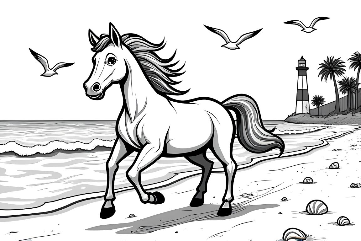 Children's coloring book illustration of a horse having fun at the beach with waves and seashells.