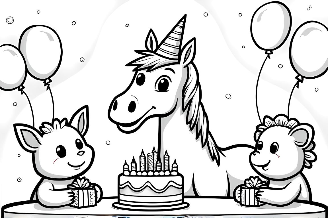 Children's coloring book illustration of a horse celebrating a birthday with cake and party decorations.