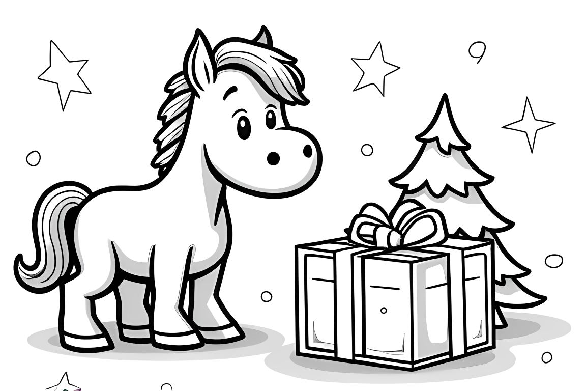 Simple children's coloring book illustration of a horse with Christmas present and tree, perfect for toddlers