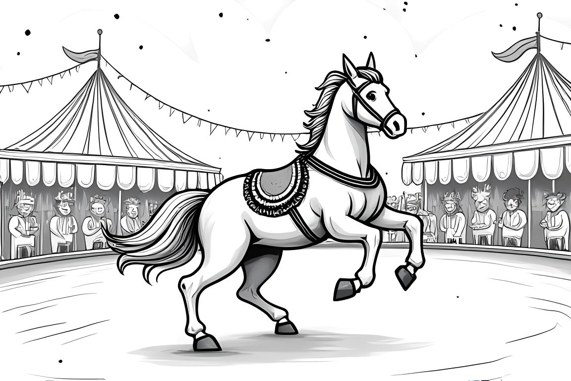 Children's coloring book illustration of a horse performing in a circus ring with decorative costume.