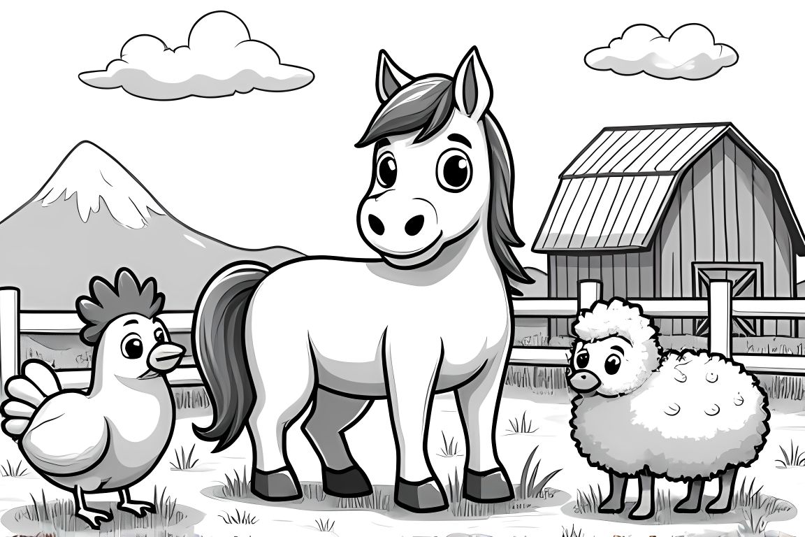 Children's coloring book illustration of a horse with farm animal friends in a barnyard setting.