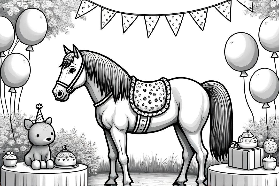 Children's coloring book illustration of a horse at a garden party with decorations and animal friends.