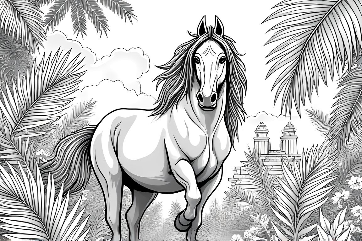 Detailed children's coloring book illustration of a horse exploring a jungle with exotic animals and plants.