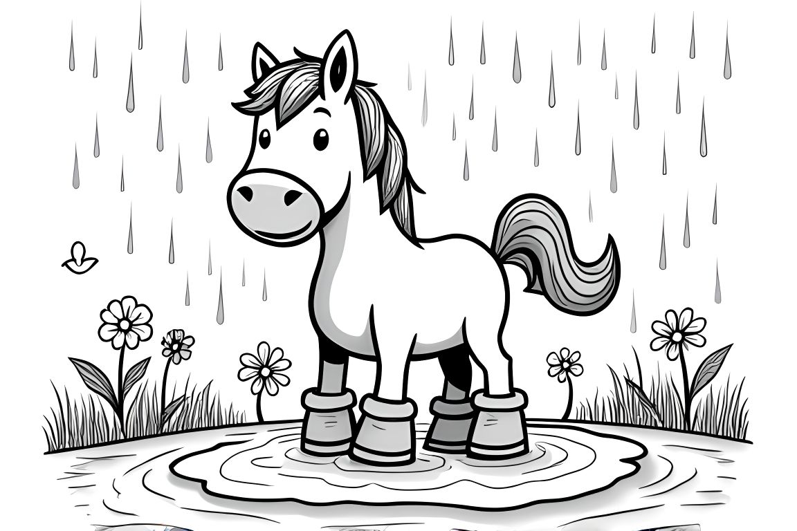 Children's coloring book illustration of a horse playing in the rain with boots and umbrellas.