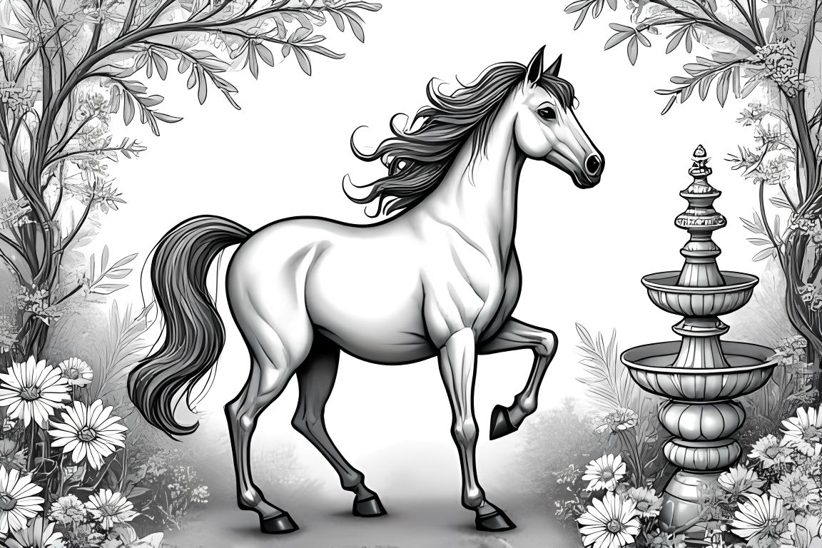 Detailed children's coloring book illustration of a horse in a magical garden with intricate patterns.