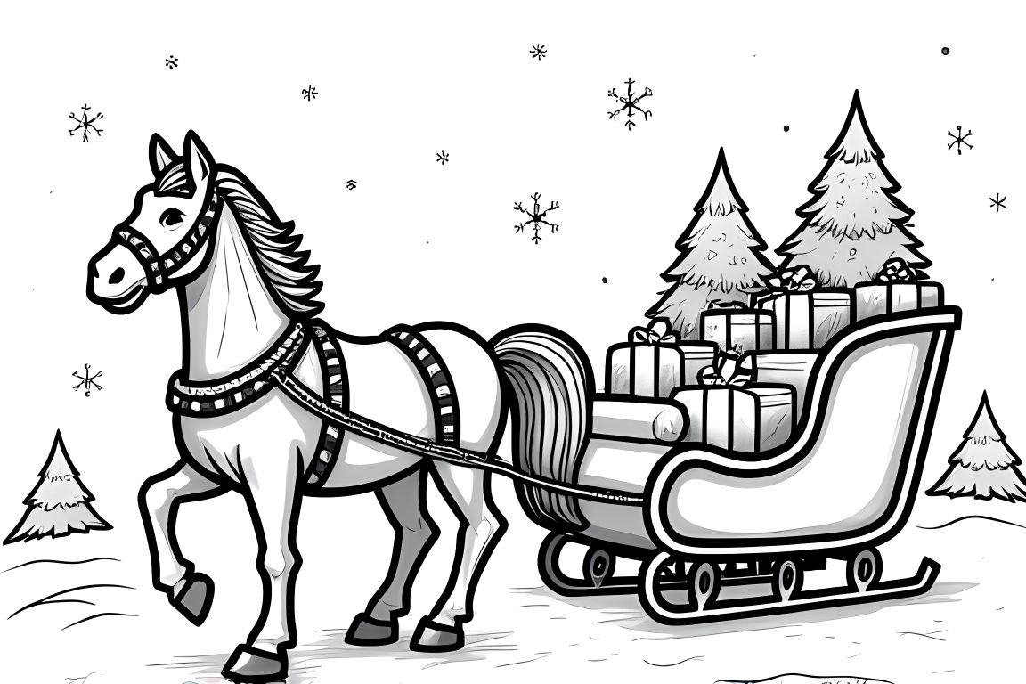 Children's coloring book page featuring a horse pulling a Christmas sleigh with presents