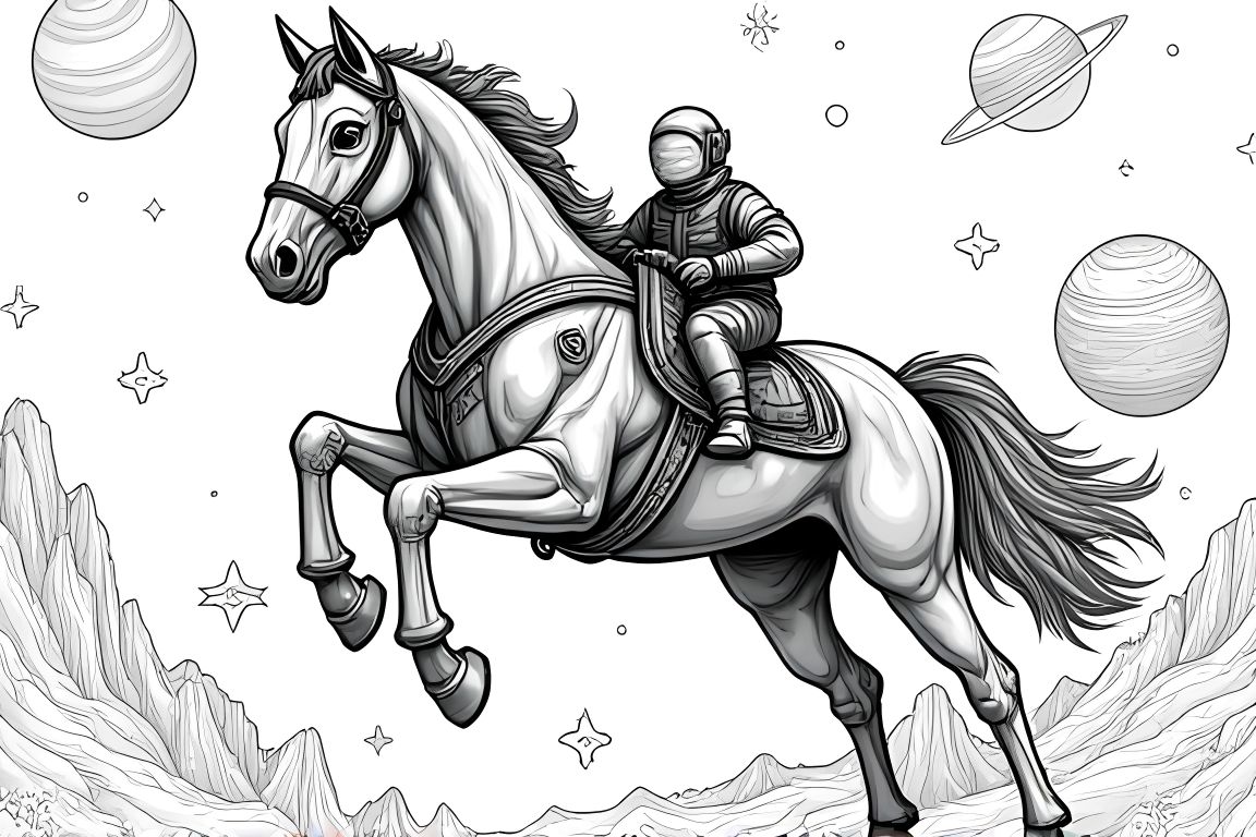Detailed children's coloring book illustration of a horse astronaut exploring outer space.
