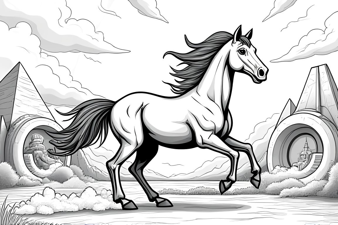 Detailed children's coloring book illustration of a horse traveling through time portals with historical elements.