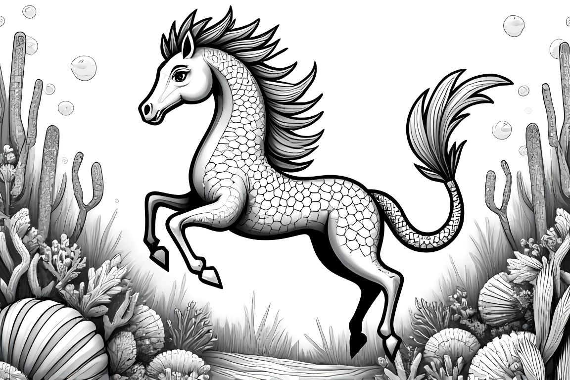 Detailed children's coloring book illustration of a magical horse swimming underwater among sea creatures.
