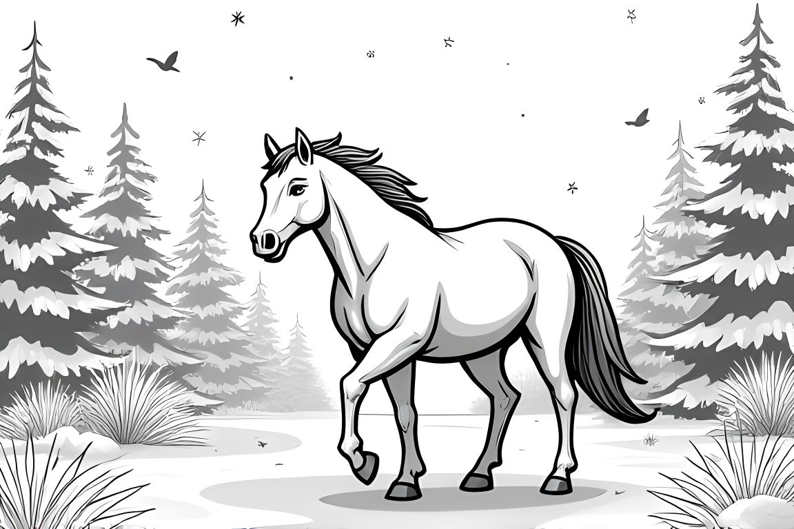 Children's coloring book illustration of a horse in a beautiful winter landscape with falling snow.