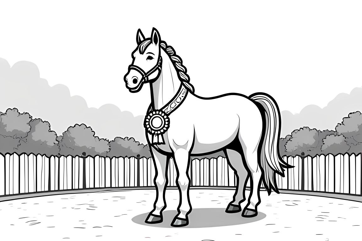Children's coloring book illustration of a proud horse wearing a champion's ribbon at a horse show.