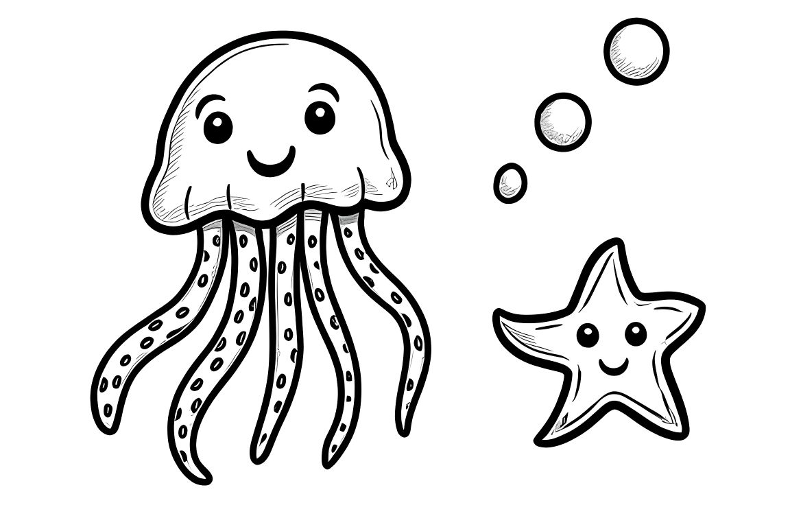 Simple children's coloring page featuring a friendly jellyfish and starfish with large, easy-to-color spaces