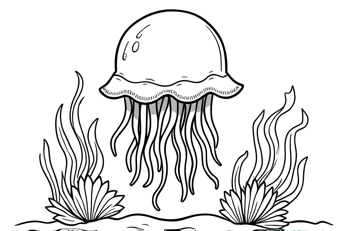 Simple children's coloring book page showing a jellyfish swimming in an underwater garden with seaweed