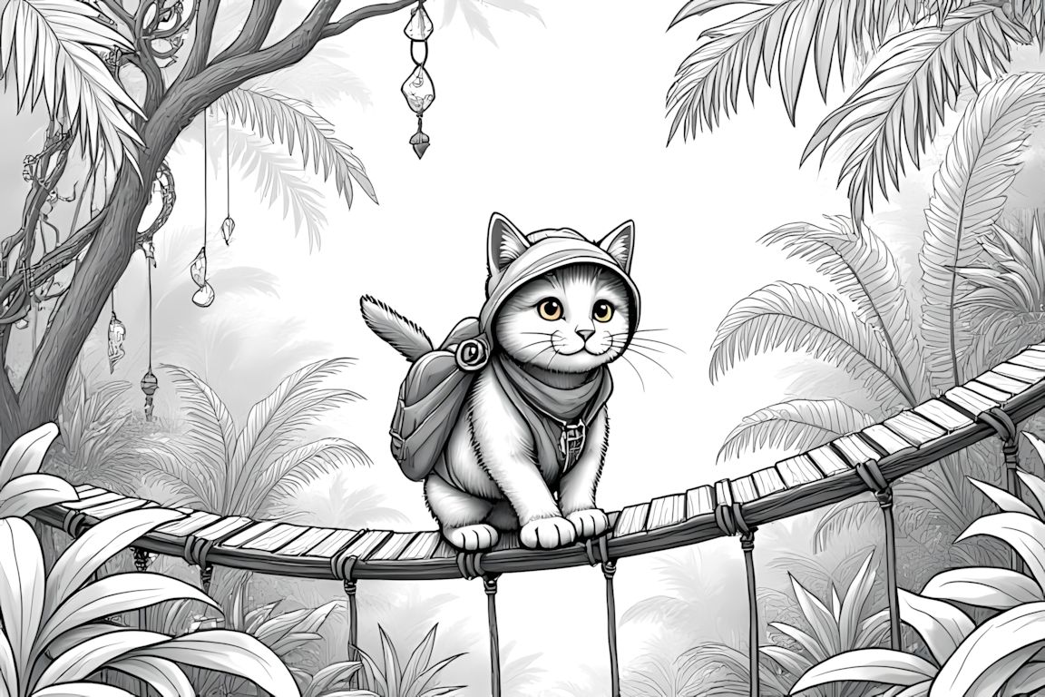 Detailed coloring book illustration of kitten explorer in elaborate jungle setting