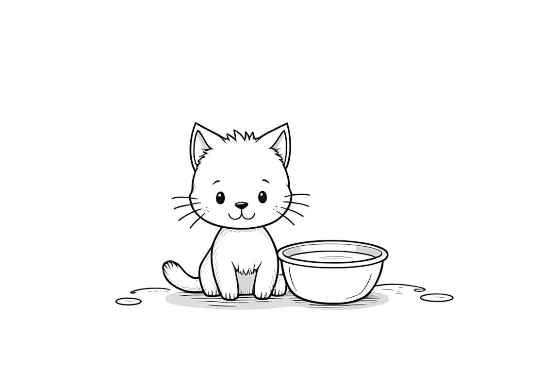Simple coloring book page of kitten with milk bowl for toddlers
