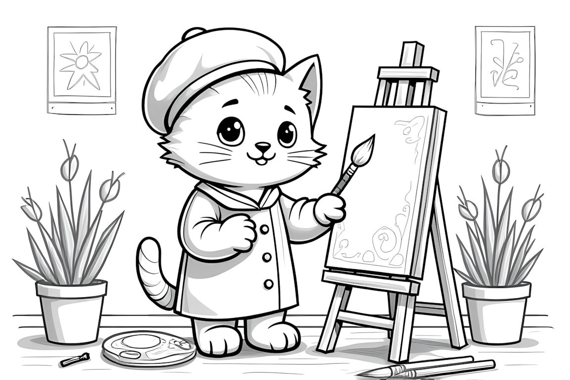 Coloring book illustration of kitten artist painting at easel