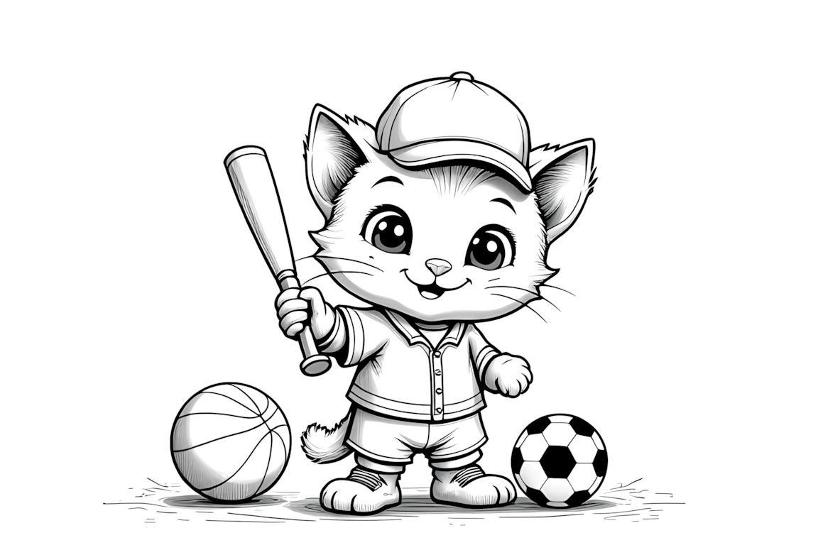 Coloring book illustration of sporty kitten with various sports equipment