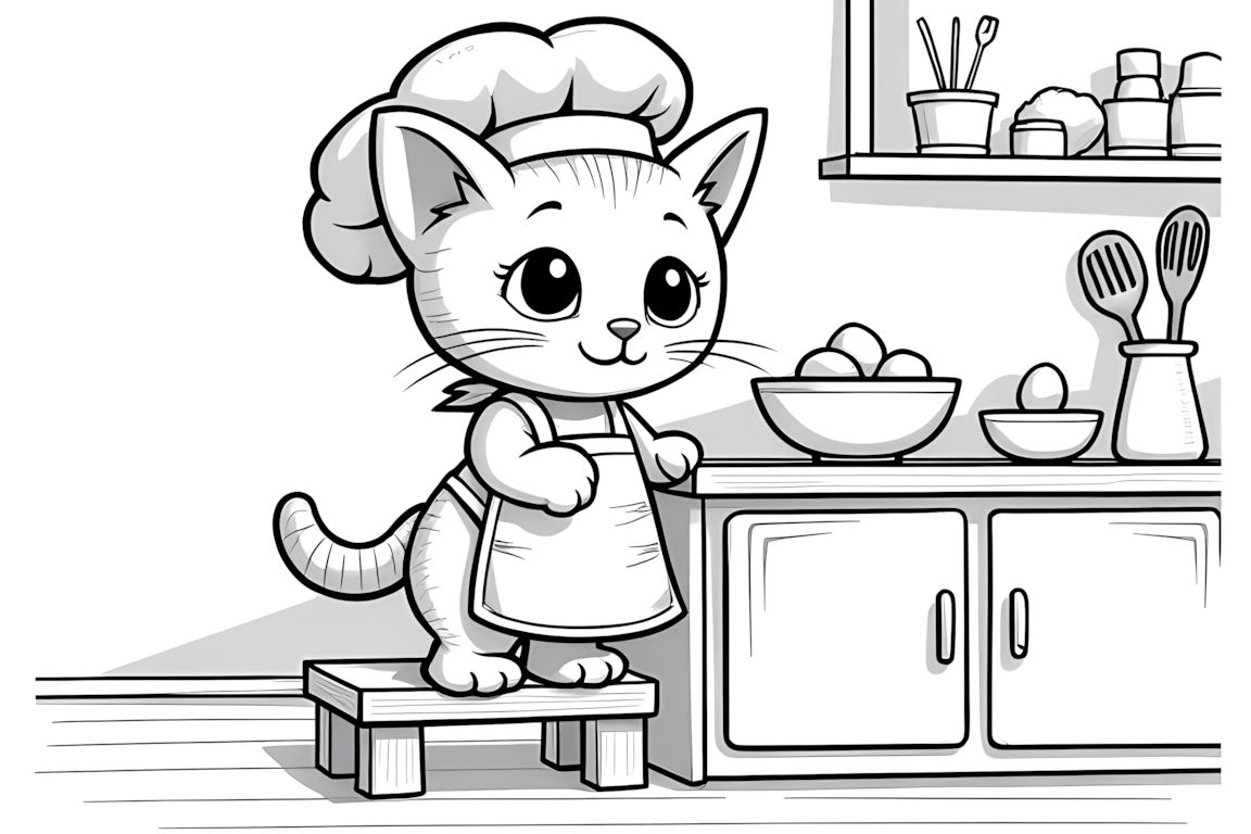 Coloring book illustration of kitten chef cooking in kitchen