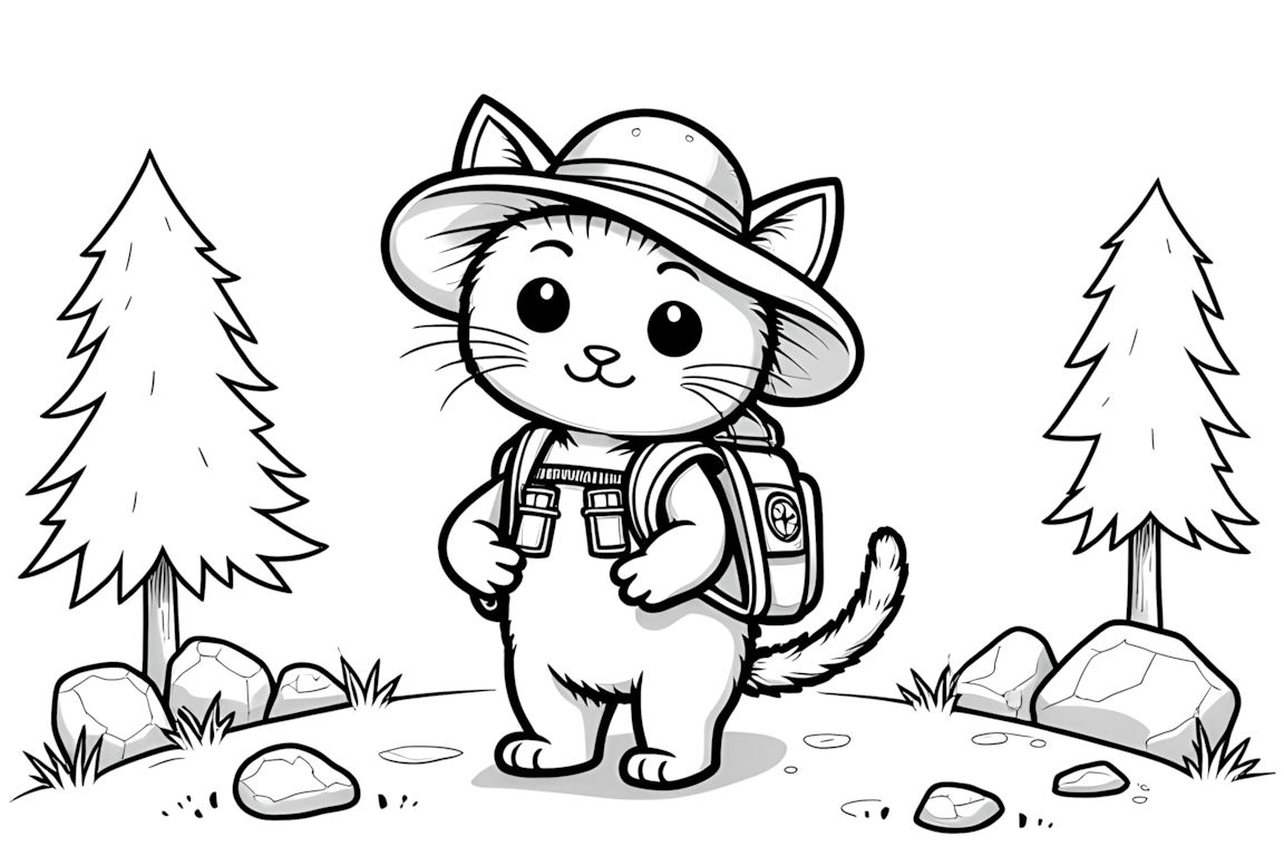 Coloring book illustration of adventurous kitten explorer with backpack and map