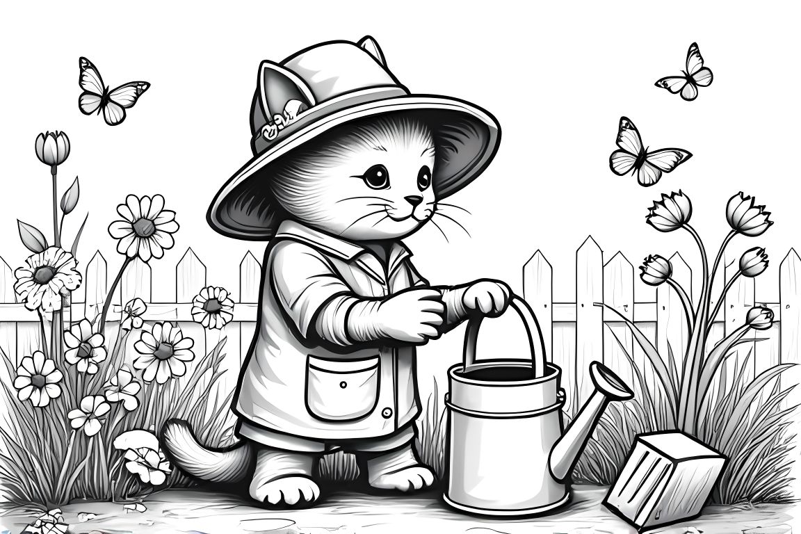 Coloring book illustration of kitten gardening with flowers and tools