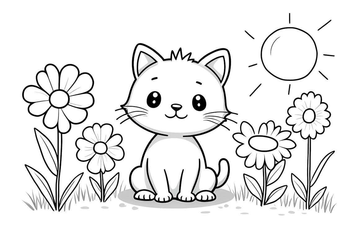 Simple coloring book illustration of kitten in flower garden for toddlers