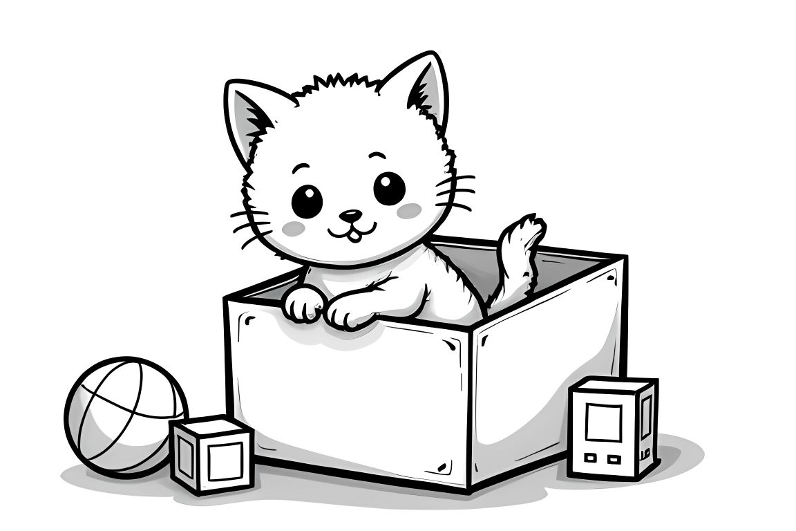 Simple coloring book illustration of kitten playing in toy box for toddlers