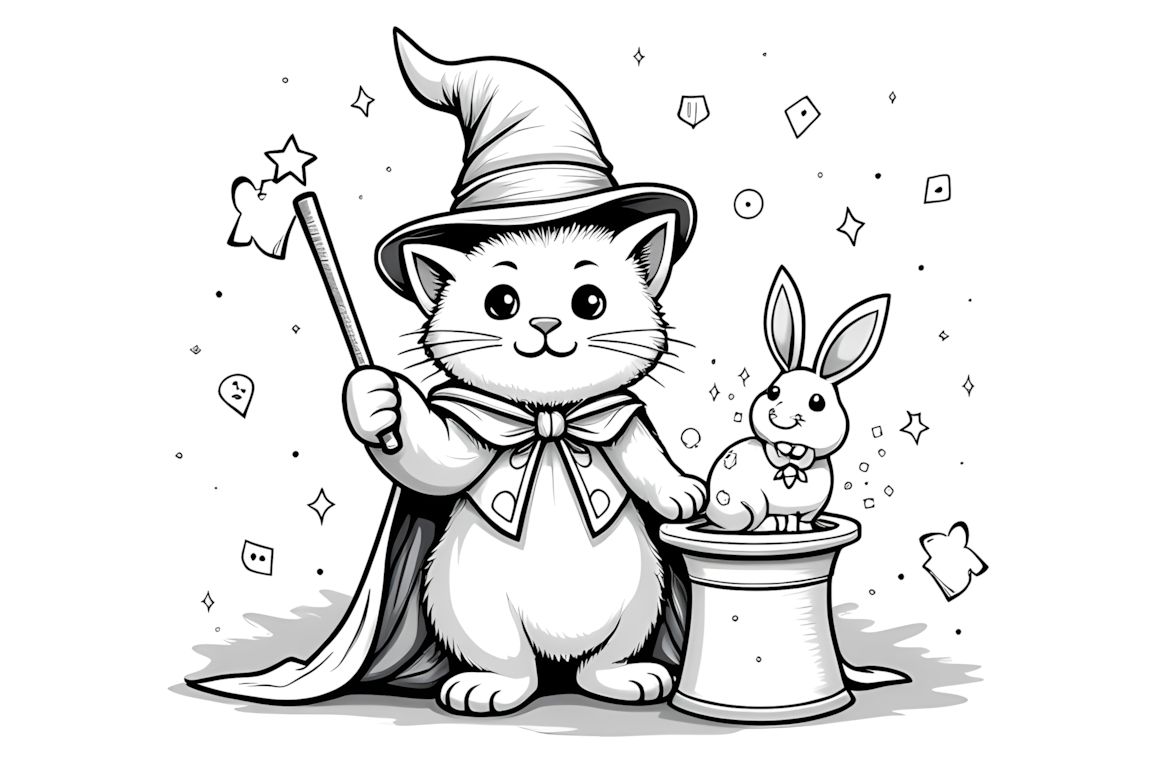 Coloring book illustration of kitten magician performing magic tricks