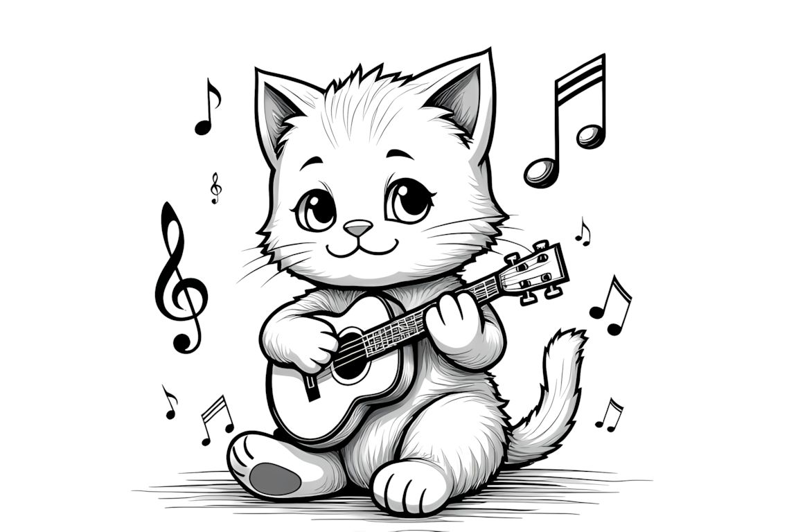Coloring book illustration of kitten playing musical instrument with music notes