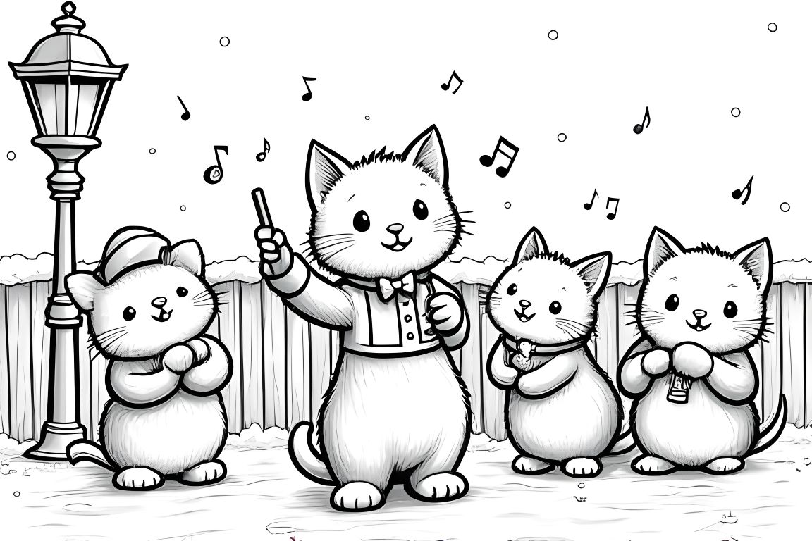 Detailed children's coloring illustration of a kitten conducting Christmas carols with animal friends