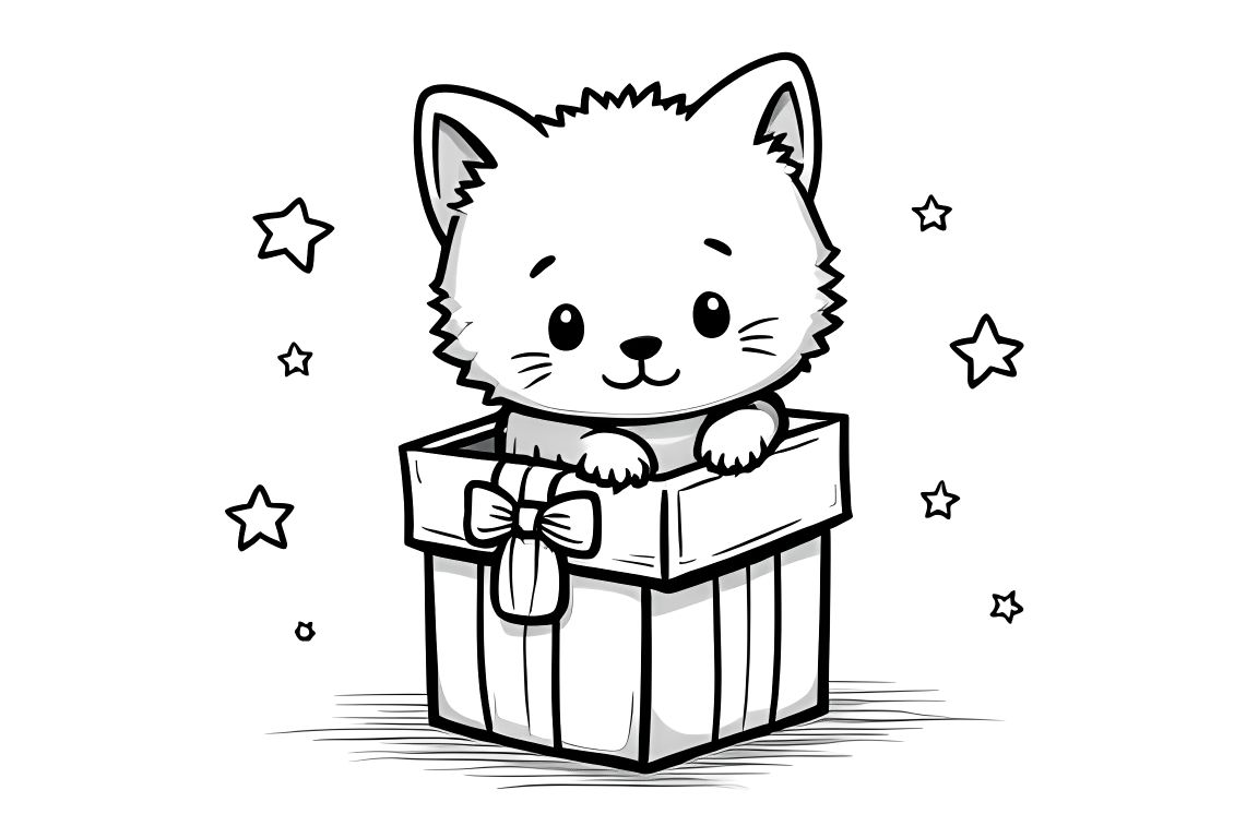 Simple children's coloring page of a cute kitten in a Christmas present box
