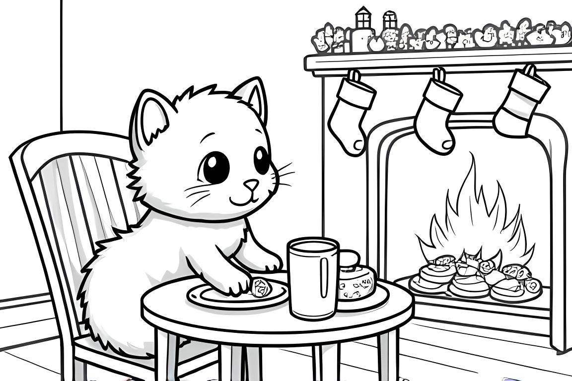 Children's coloring illustration of a kitten with Christmas cookies by the fireplace
