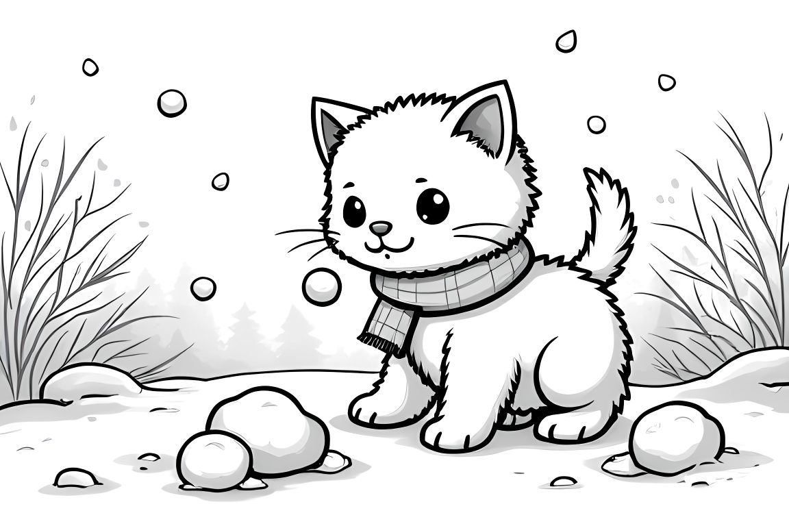 Children's coloring page of a kitten playing in the snow wearing a winter scarf