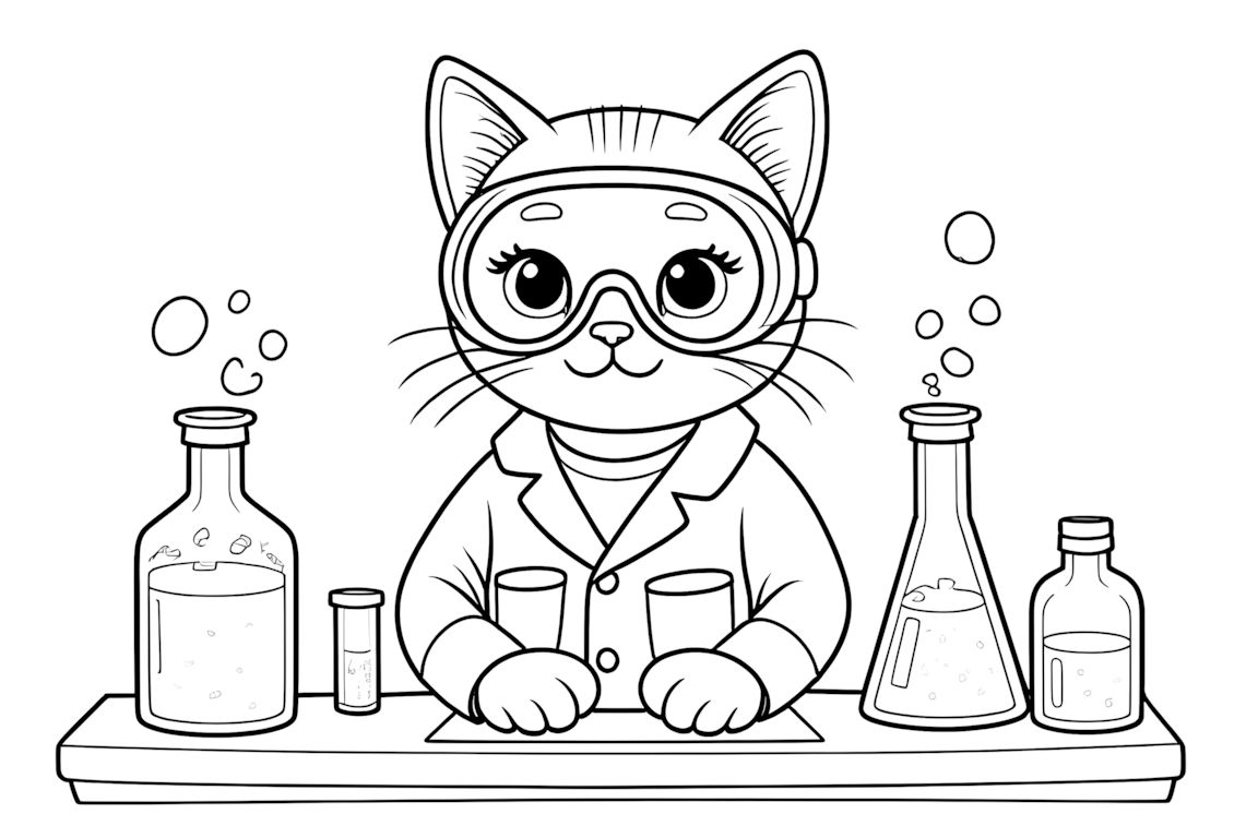 Coloring book illustration of kitten scientist conducting experiments