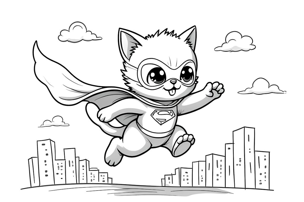 Coloring book illustration of brave kitten superhero flying over city