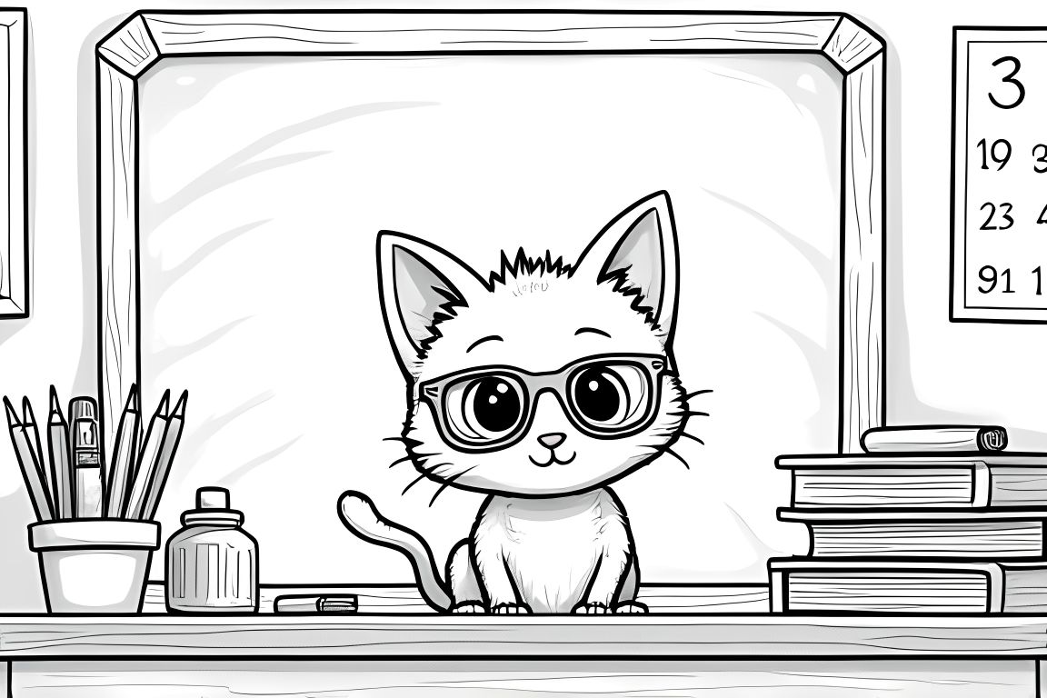 Coloring book illustration of kitten teacher in classroom