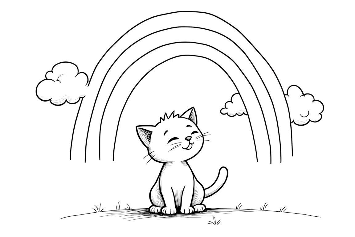 Simple coloring book illustration of cute kitten under rainbow for toddlers