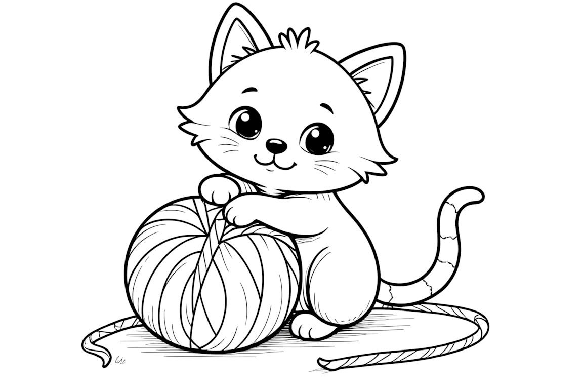 Simple coloring book illustration of playful kitten with ball of yarn for toddlers