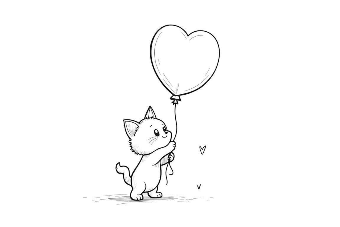 Simple coloring book page of kitten holding balloon for toddlers