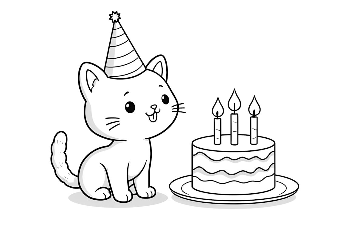 Simple coloring book page of kitten with birthday cake for toddlers