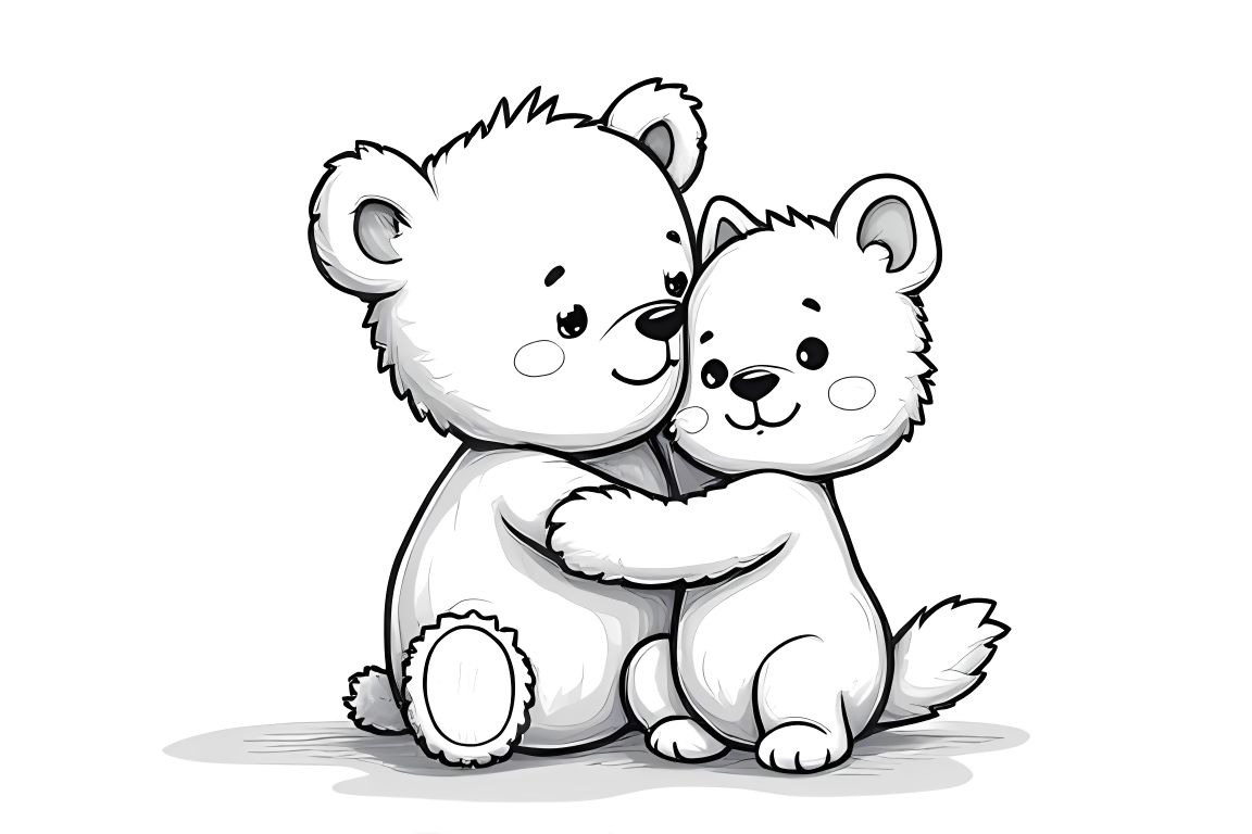 Simple coloring book page of kitten hugging teddy bear for toddlers