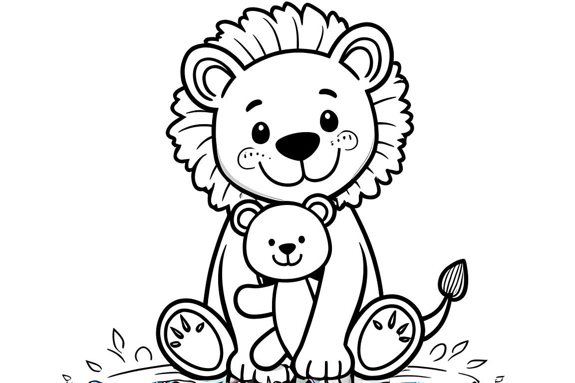 Simple children's coloring page of a sweet lion hugging a teddy bear, designed for toddlers