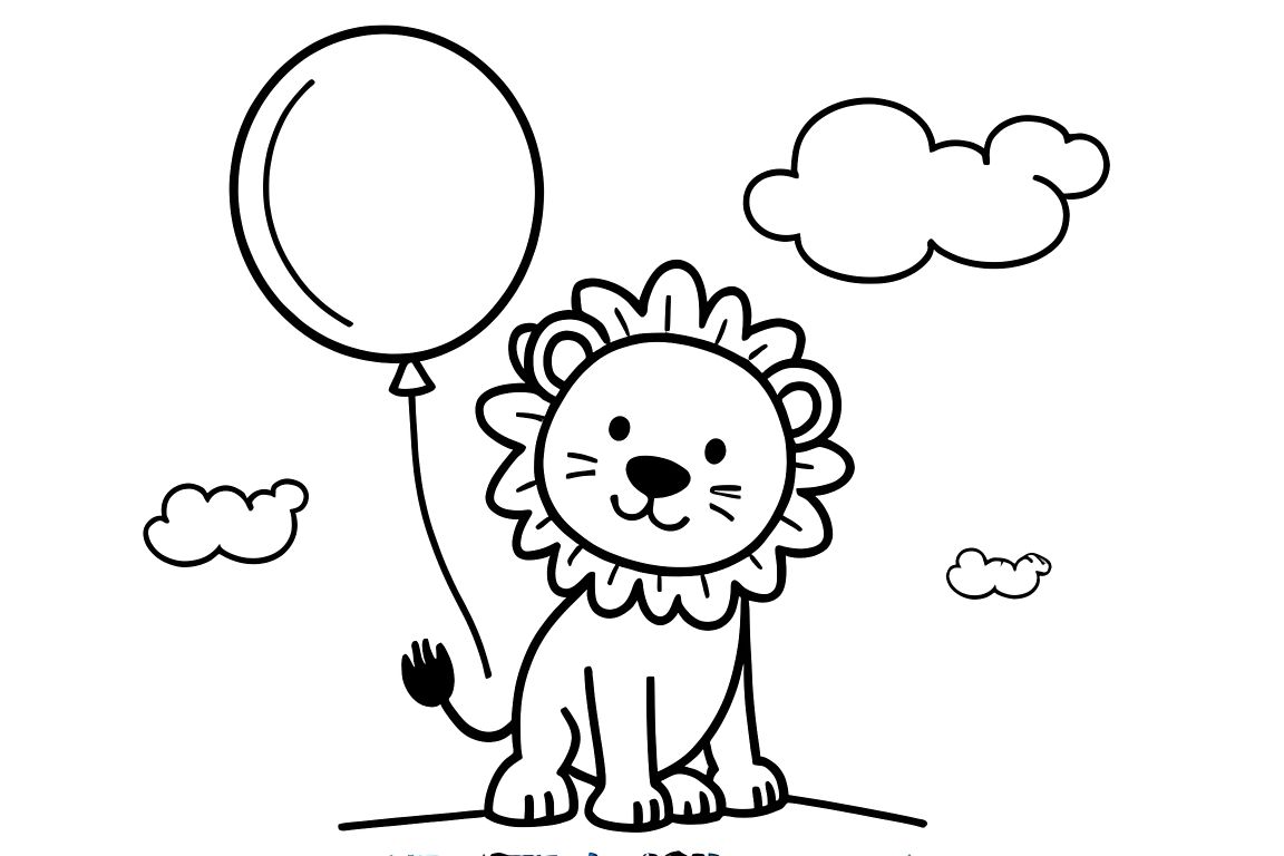 Simple children's coloring page featuring a happy lion holding a balloon, ideal for toddlers