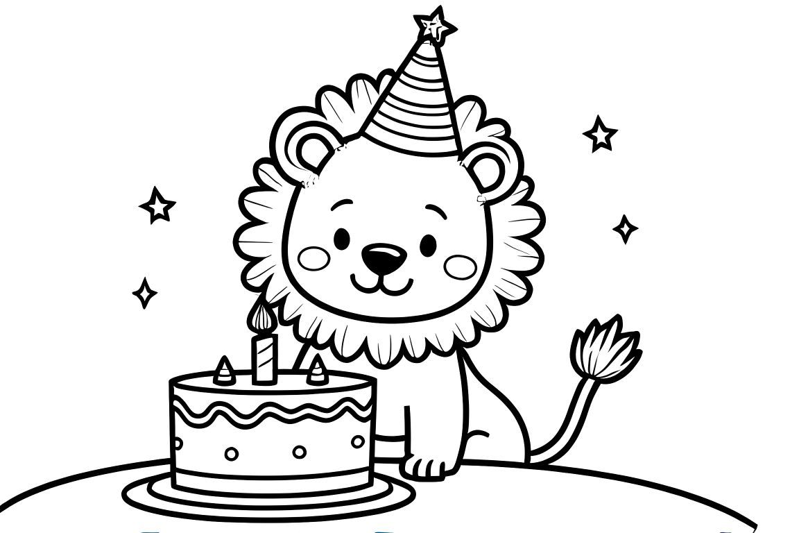 Simple children's coloring book illustration of a happy lion with birthday cake and party hat, perfect for toddlers