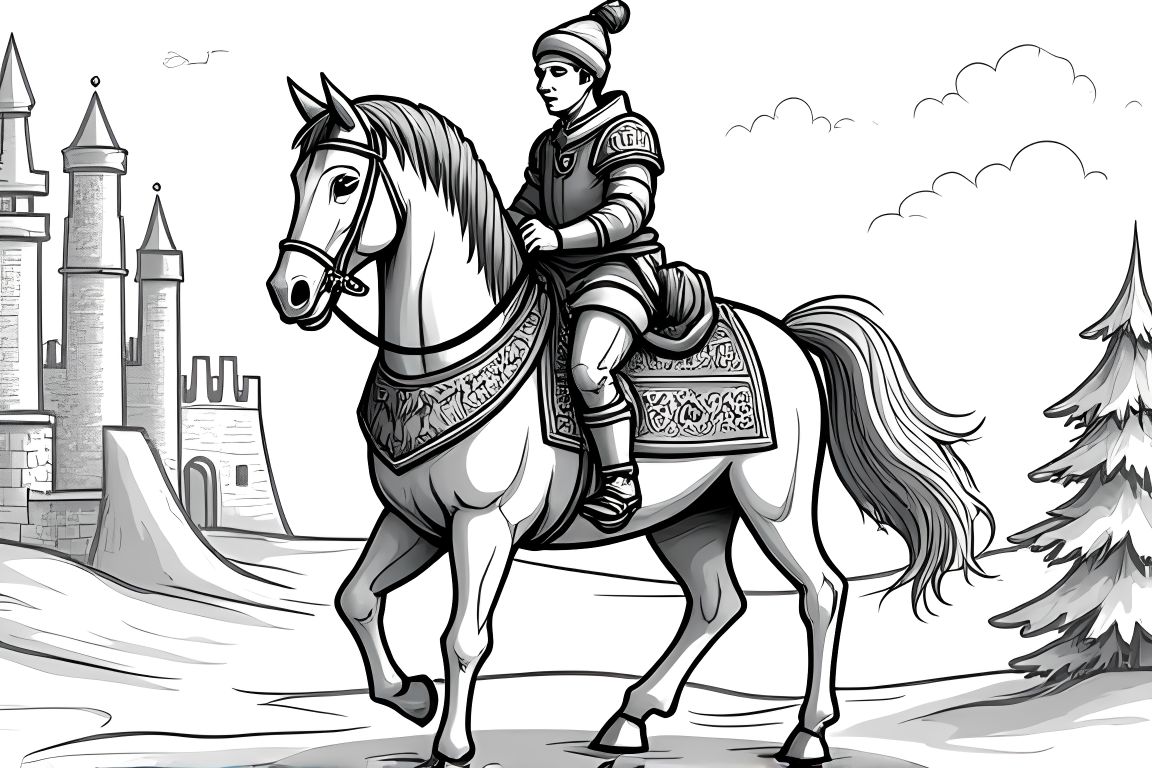 Detailed children's coloring page of a horse in medieval Christmas attire with castle background