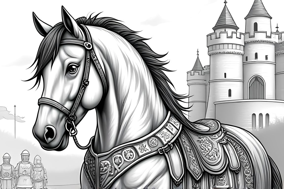 Detailed children's coloring book illustration of an armored horse knight in front of a medieval castle.