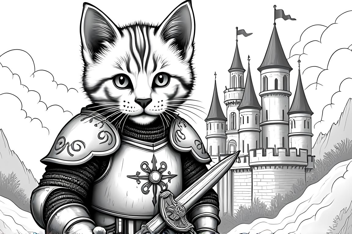 Detailed coloring book illustration of kitten knight in decorated armor near castle