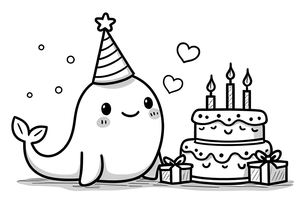 Simple children's coloring book illustration of a narwhal celebrating with a birthday cake and presents