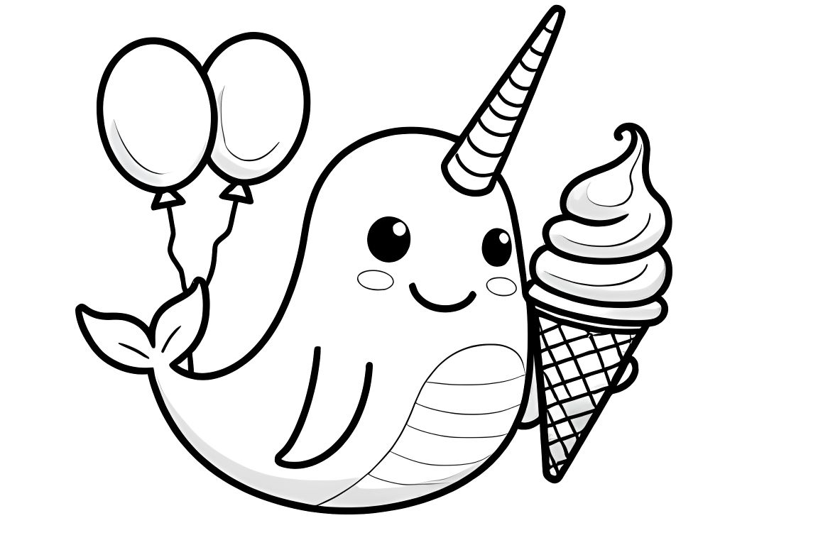 Simple children's coloring book illustration of a narwhal enjoying a big ice cream cone at a party