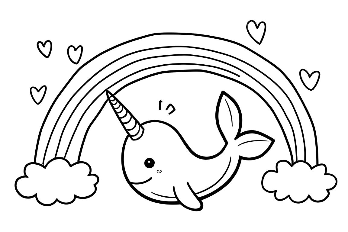 Simple children's coloring book illustration of a narwhal swimming under a rainbow with clouds