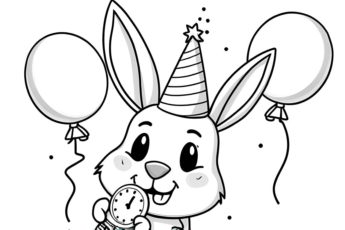 Children's coloring book illustration of a rabbit celebrating New Year's Eve with party decorations